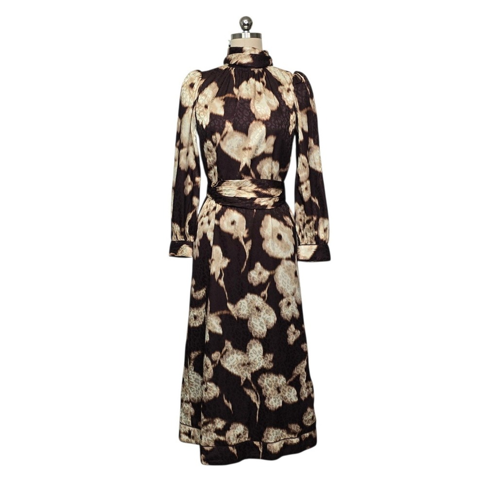 Tuckernuck Brown Cream Floral Leopard Jacquard Mock Neck Midi Dress Size XXS
